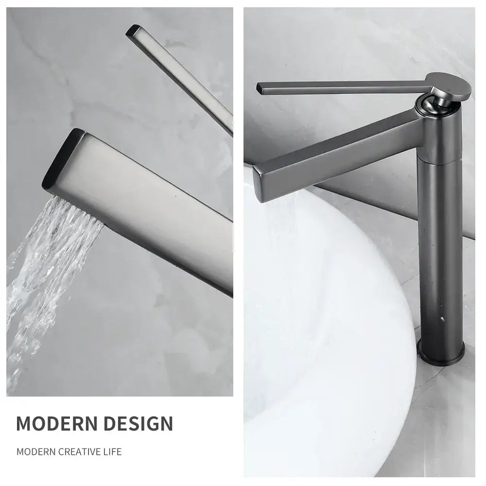 Modern matte black basin faucet with sleek angular design and tall cylindrical spout for decorbites brass deck mounted use