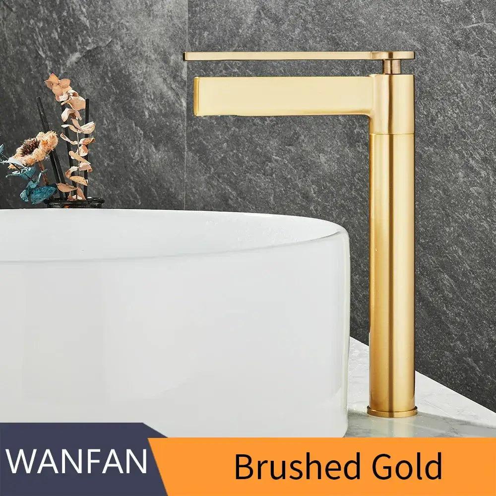 Modern gold high arc brass deck mounted basin faucet with brushed gold finish and sleek minimalist design by decorbites brass deck