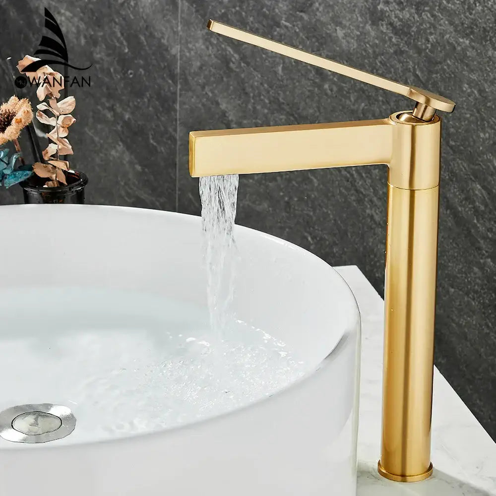 Modern gold high arc brass deck mounted basin faucet with sleek metallic finish for decorbites brass deck mounted setup