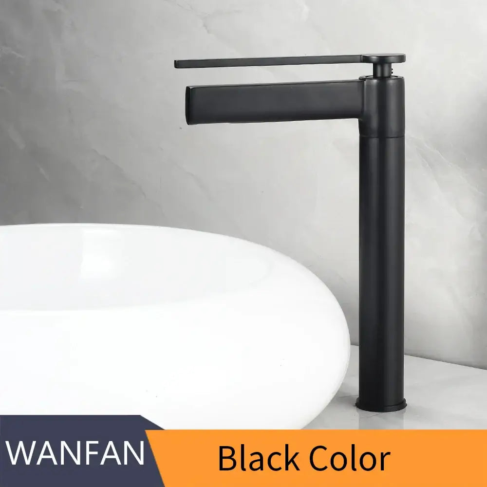 Black matte basin faucet with sleek minimalist design complementing decorbites brass deck mounted setup