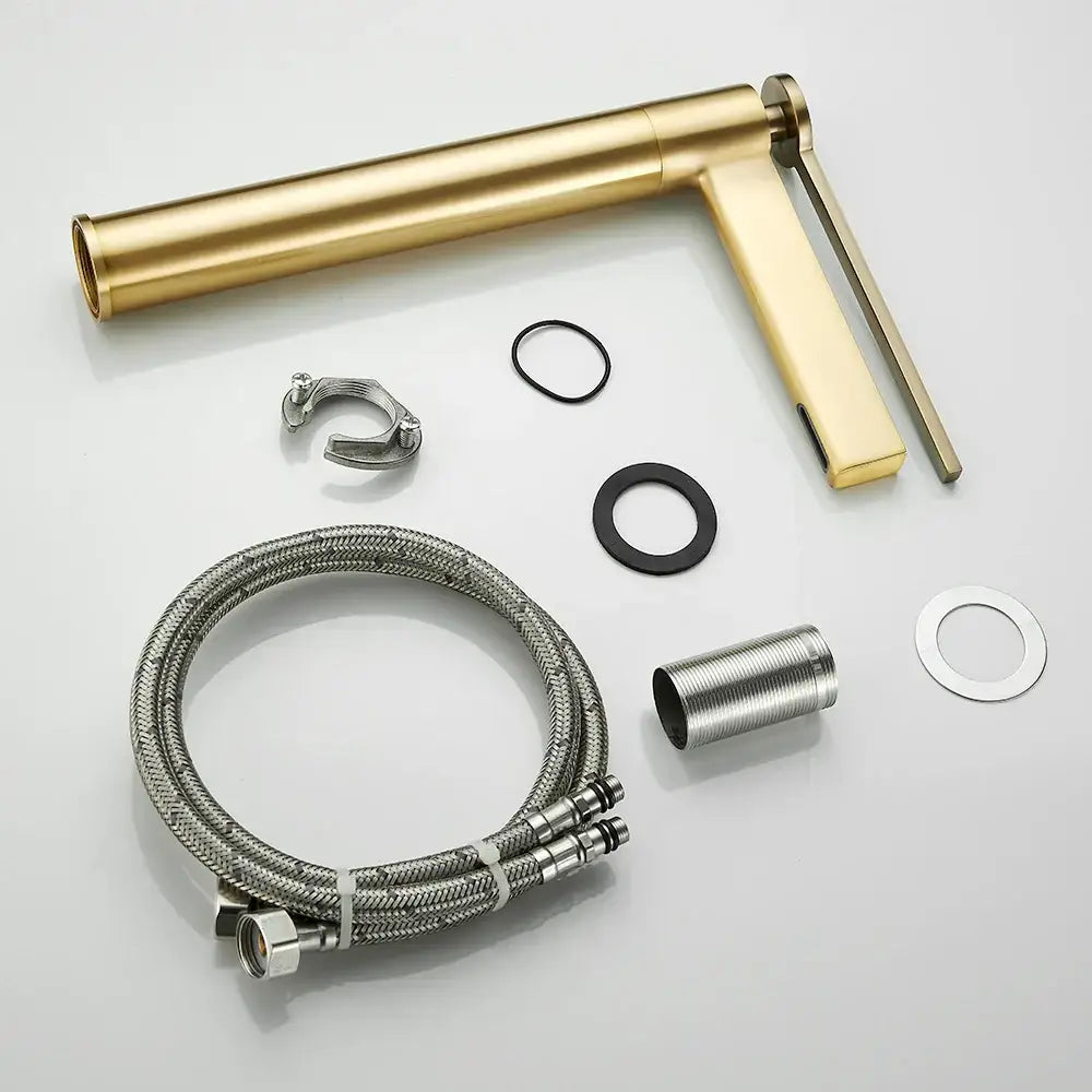 Modern gold high arc brass deck mounted basin faucet with sleek cylindrical spout and rectangular handle decorbites brass deck
