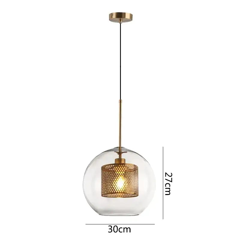 Modern gold honeycomb glass pendant light with brass cage and rod 30cm diameter for dining room fixture