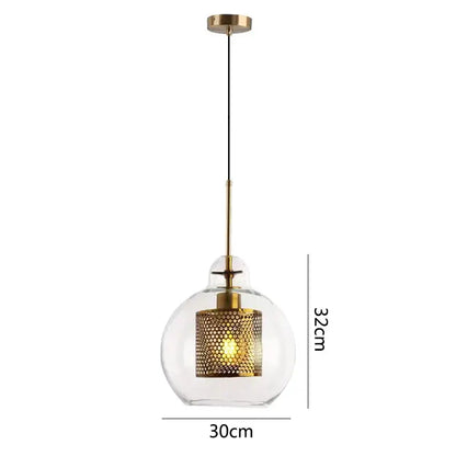 Modern gold honeycomb glass pendant lights with clear glass globe brass accents and perforated gold mesh shade for dining room