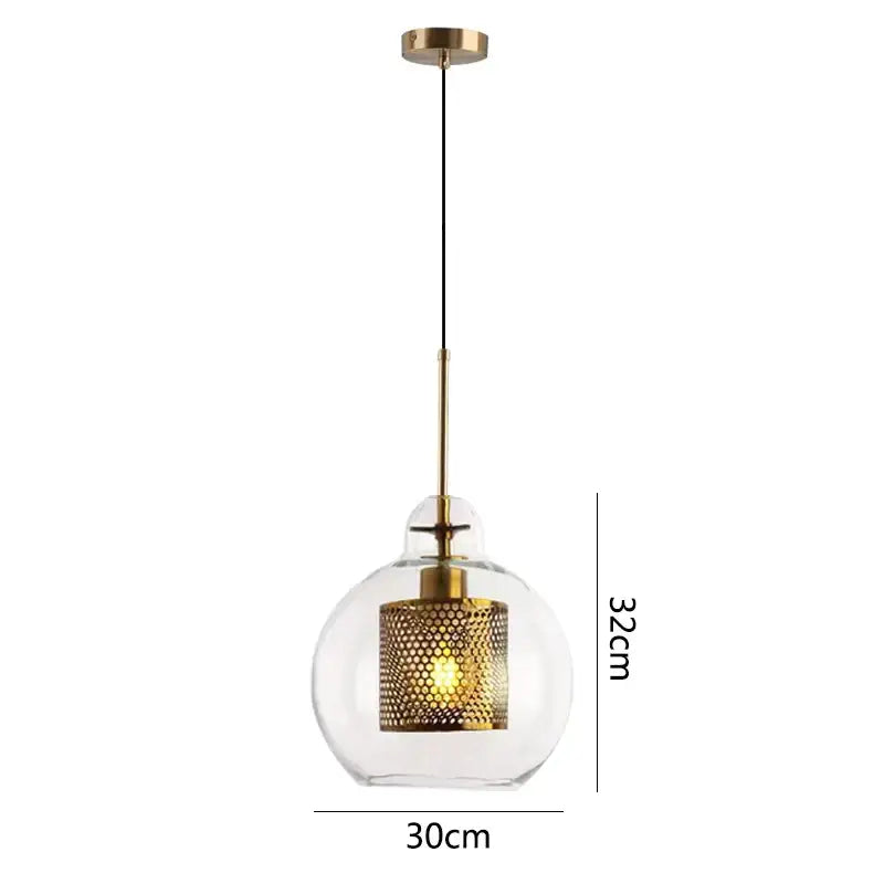 Modern gold honeycomb glass pendant lights with clear glass globe brass accents and perforated gold mesh shade for dining room