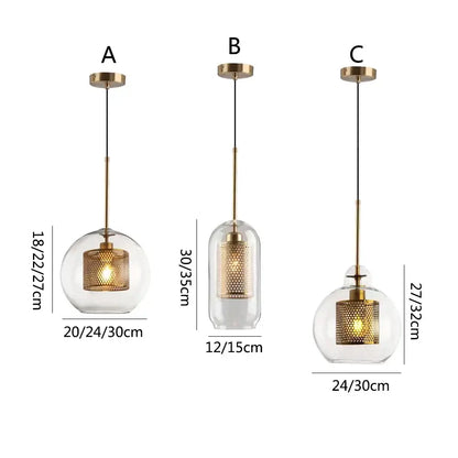 Three modern gold honeycomb glass pendant lights with perforated mesh shade for dining room fixtures