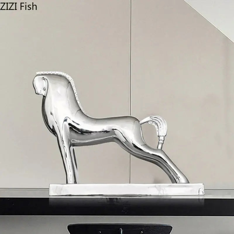 Shiny silver metallic horse resin sculpture with polished reflective surface and detailed mane for modern decorbites horse decor