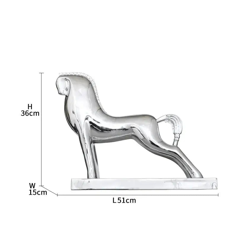 Shiny silver metallic decorbites horse resin sculpture with sleek stylized design for modern minimalist living room decor