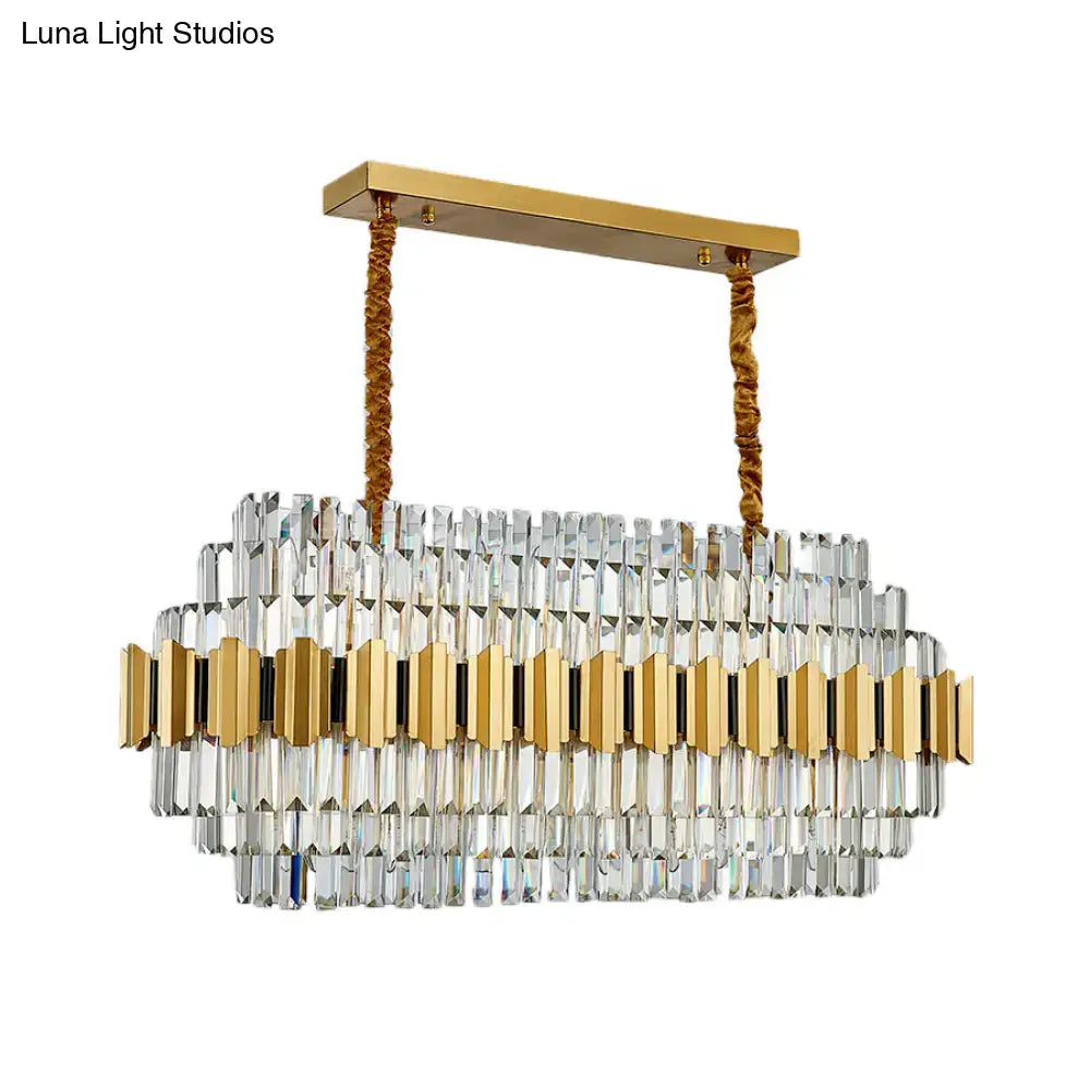 Modern gold icicle chandelier with clear crystal rectangular design and 16 light bulbs for dining room pendant use