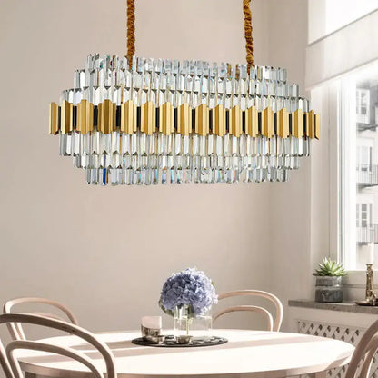 Modern gold icicle chandelier with 16 light bulbs featuring clear crystal prisms and braided rope suspension