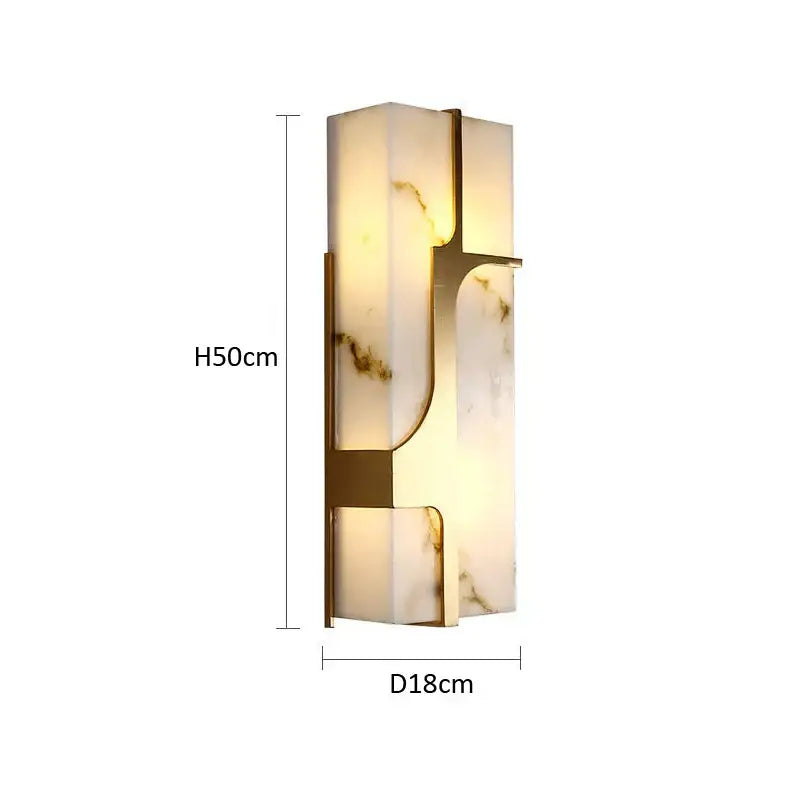 Modern gold imitation marble led wall lamp with sleek geometric design featuring warm marble panels and polished brass frame