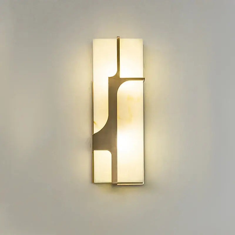 Modern gold-toned imitation marble led wall lamp with frosted glass panels and minimalist metal frame for living room decorbites