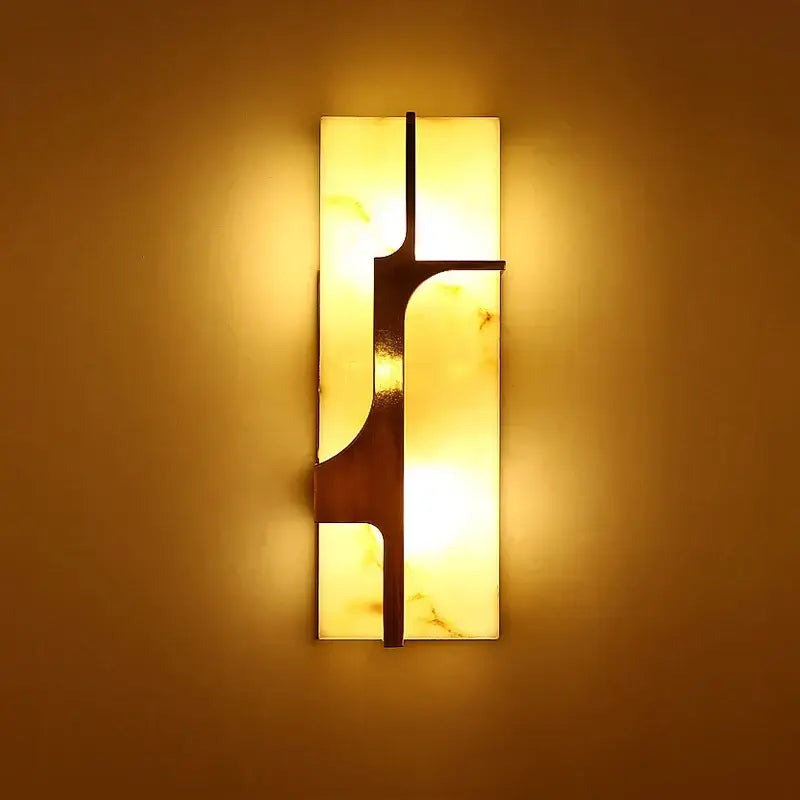 Modern gold imitation marble led wall lamp with warm-toned alabaster panels and dark metal accents for living room decorbites