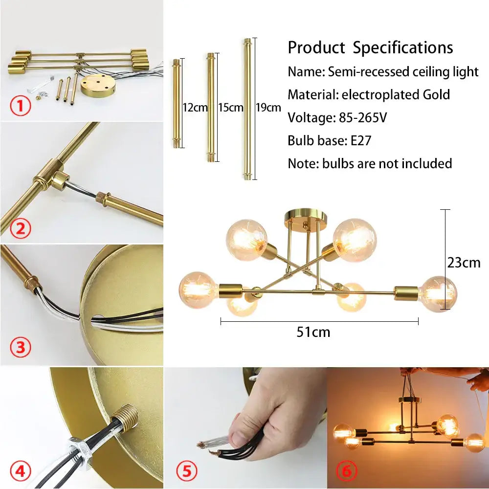 Electroplated gold semi-recessed led ceiling light with five exposed bulb sockets for modern living room lighting