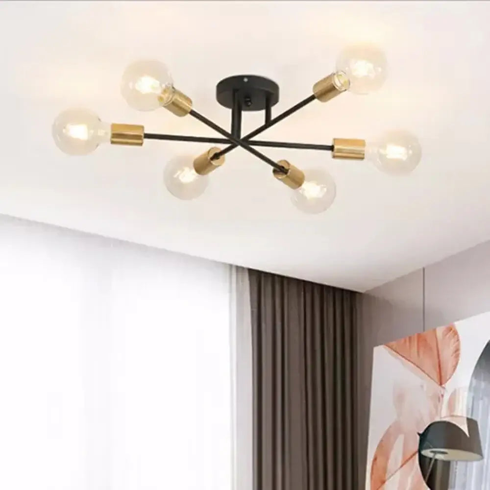 Modern gold industrial led ceiling lights featuring black and brass six exposed bulb sockets for living room ceiling light