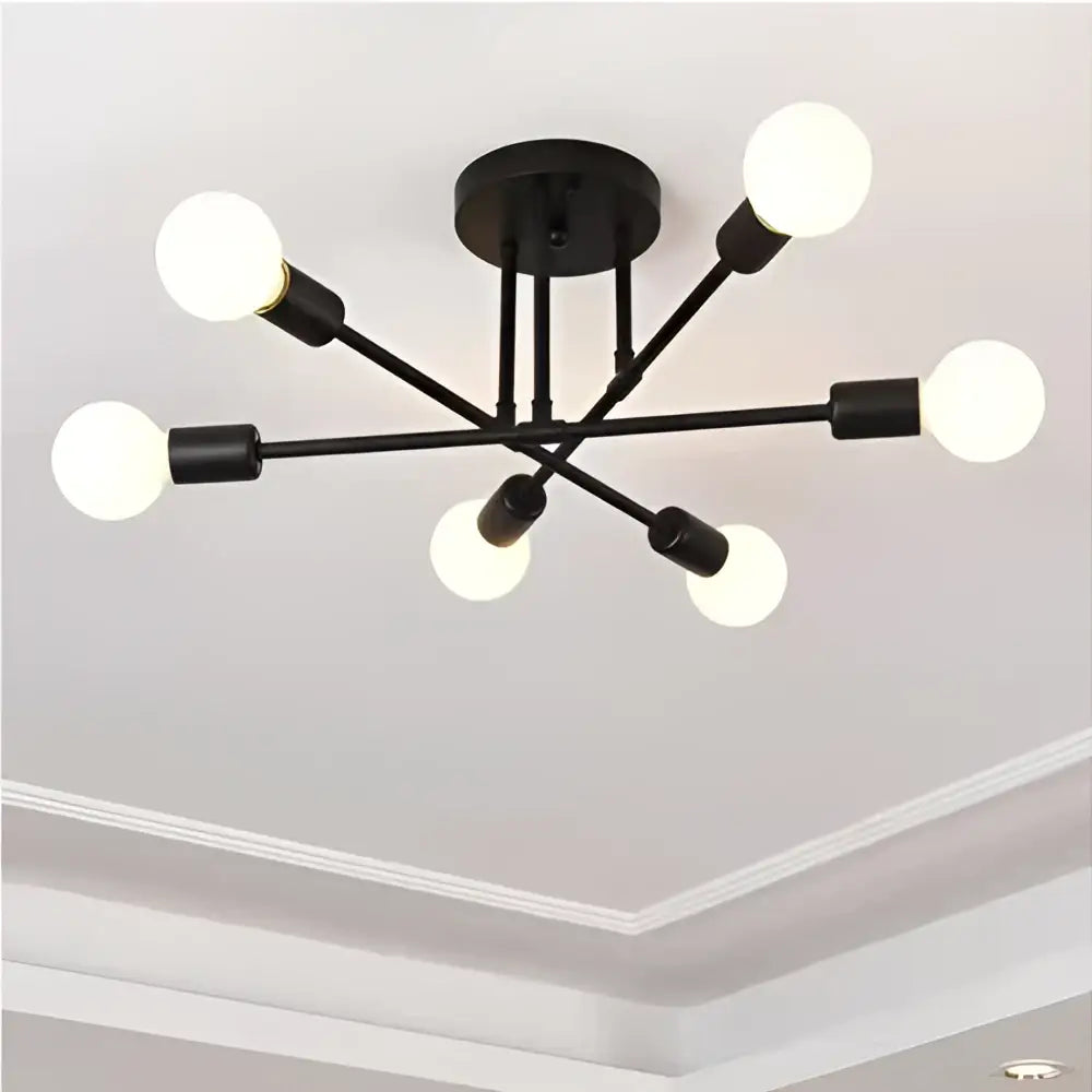 Modern gold industrial led ceiling lights featuring black metal fixture with six frosted glass globes for living room use
