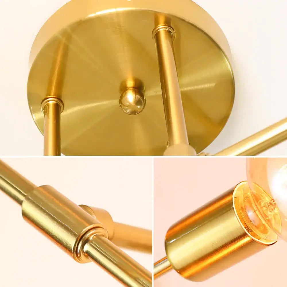 Brass-finished modern chandelier with sleek geometric arms and central base for living room led ceiling lights