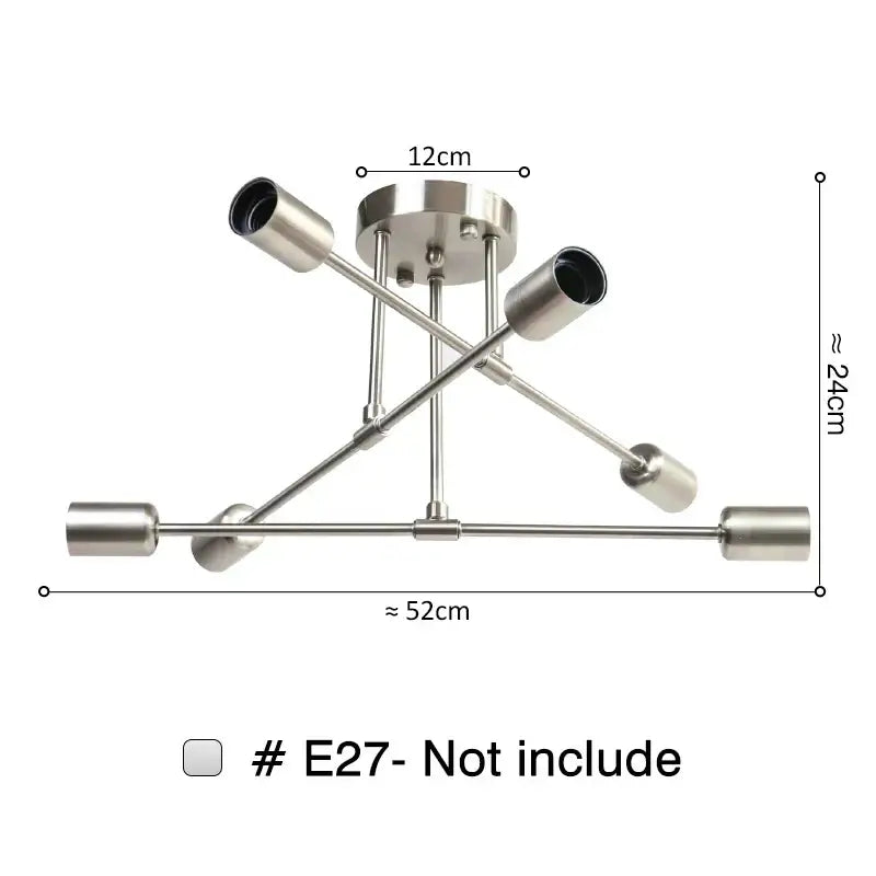 Modern gold industrial led ceiling lights featuring brushed stainless steel with four angled arms and cylindrical lamp holders