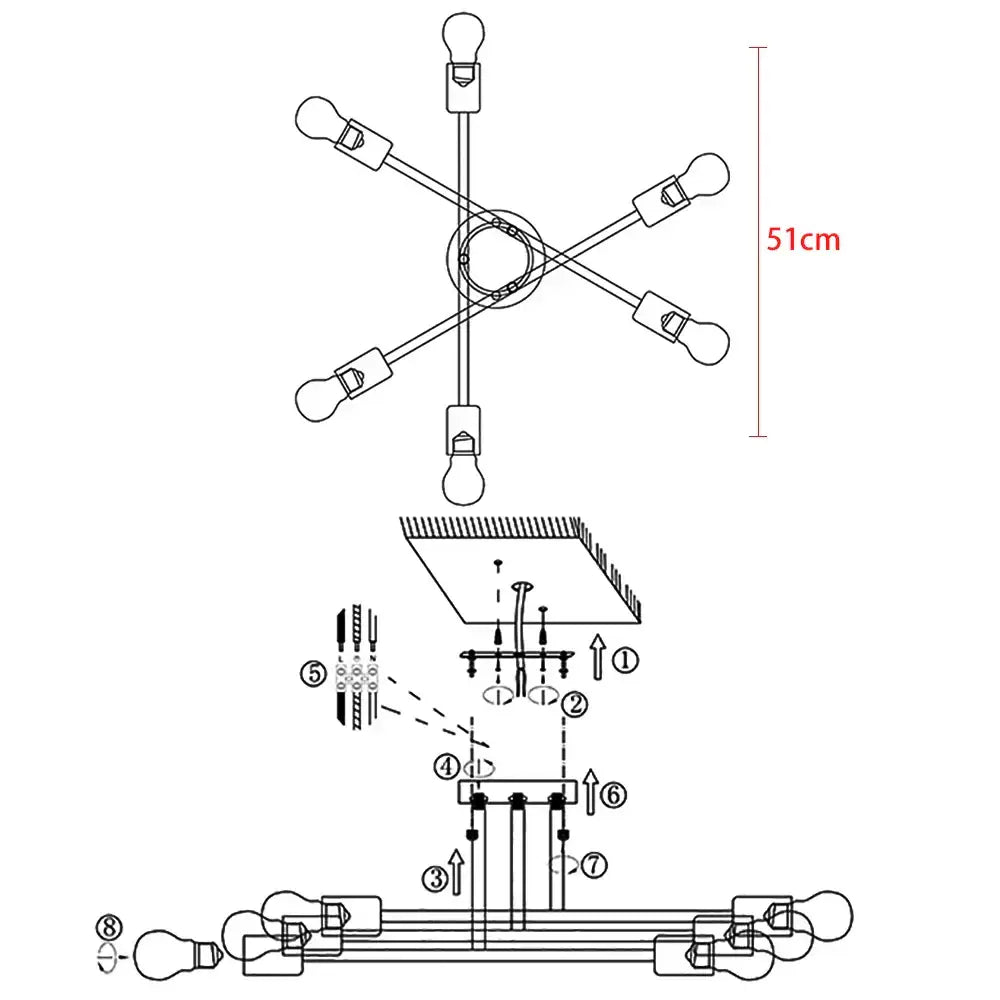 Modern gold industrial led ceiling light with six exposed bulbs in a starburst pattern for living room lighting
