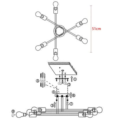 Modern gold industrial led ceiling light with six exposed bulbs in a starburst pattern for living room lighting