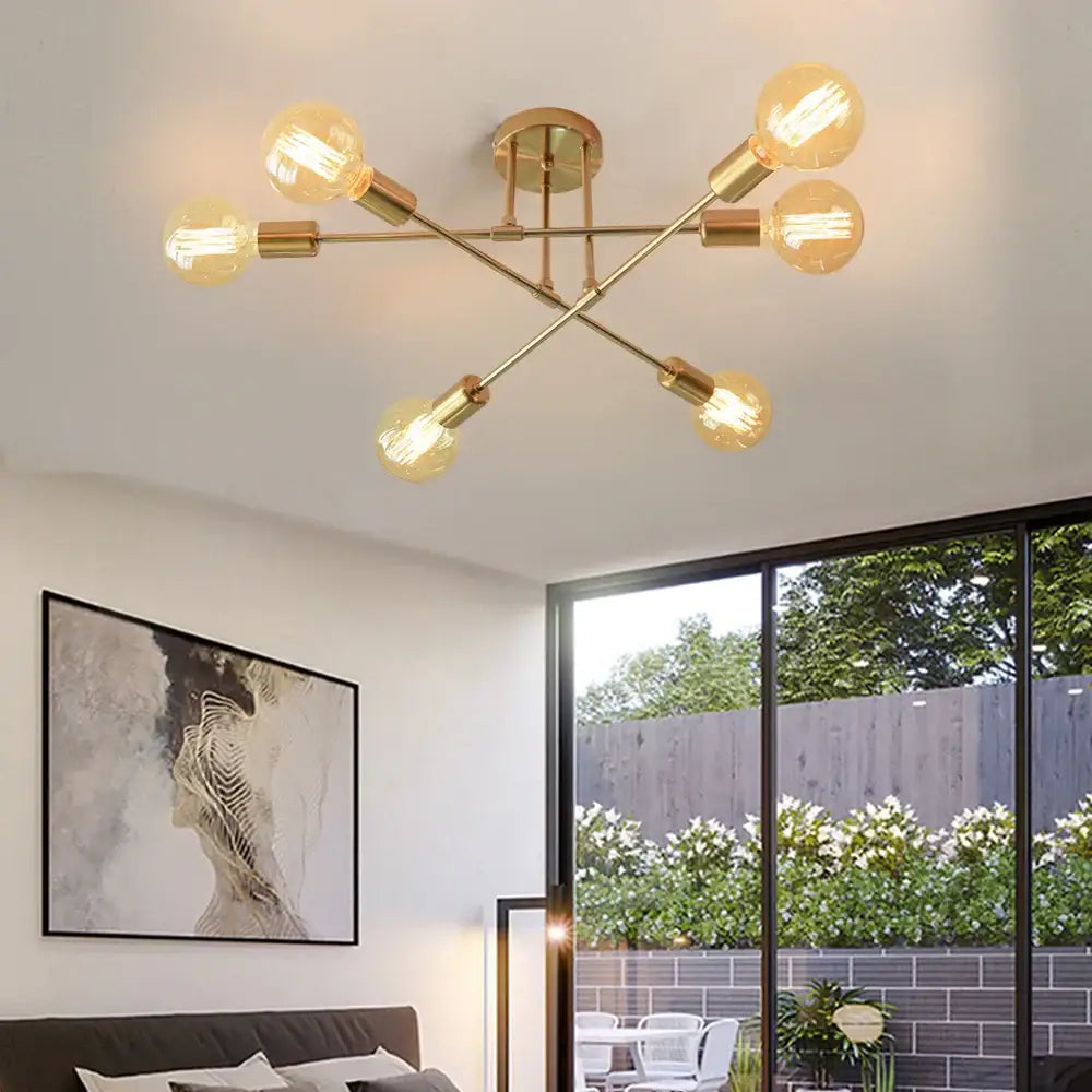 Modern gold industrial led ceiling lights featuring a gold-toned starburst design with six exposed filament bulbs for living room ceiling lights