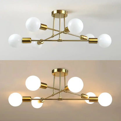 Modern gold industrial led ceiling lights with six frosted glass globe bulbs for living room illumination