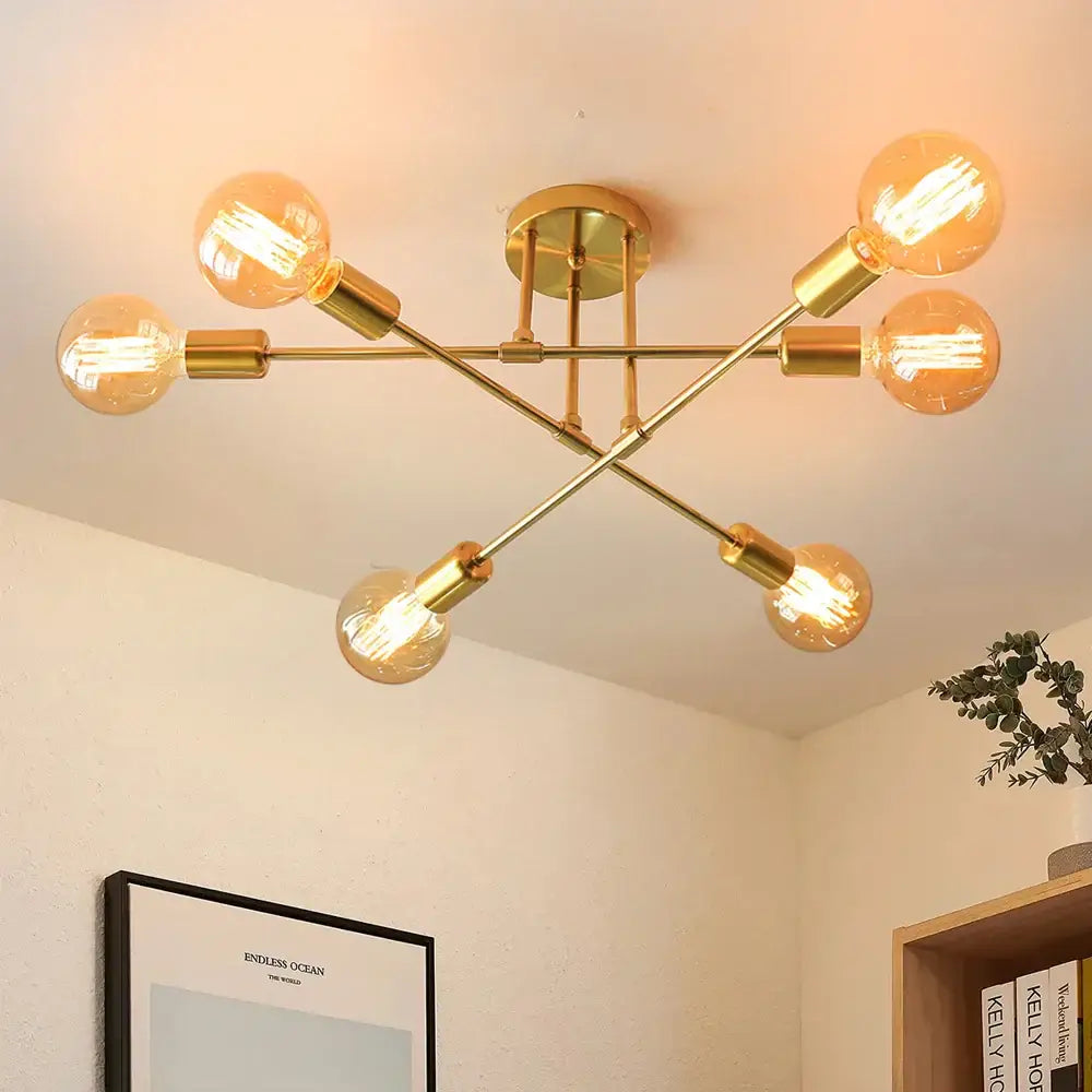 Modern gold industrial led ceiling lights with six exposed filament bulbs in a symmetrical cross pattern for living room