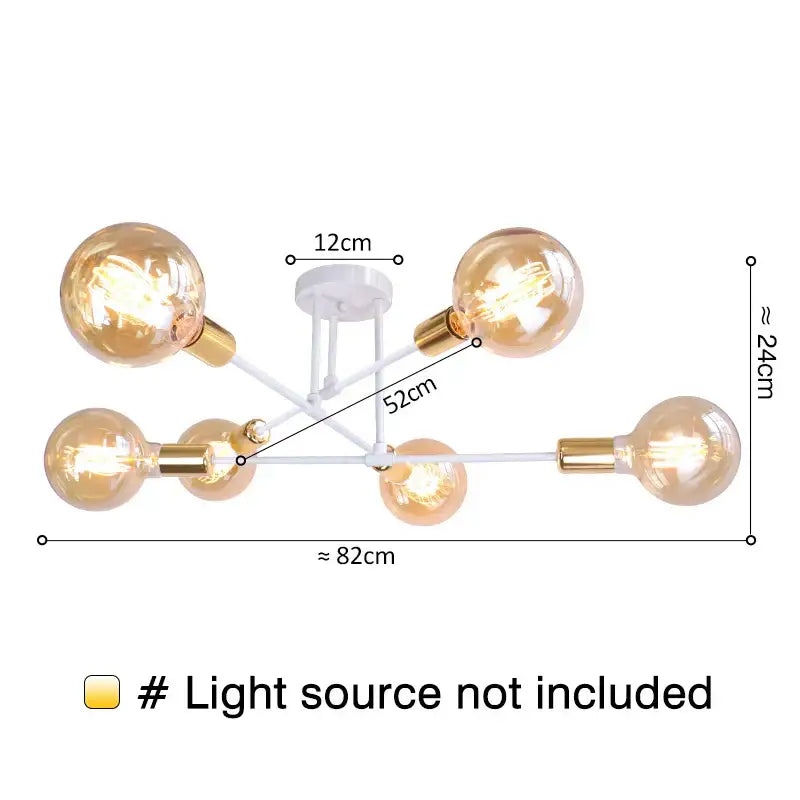 Modern white metal chandelier with six warm-toned glass globes and gold sockets ideal for led ceiling lights