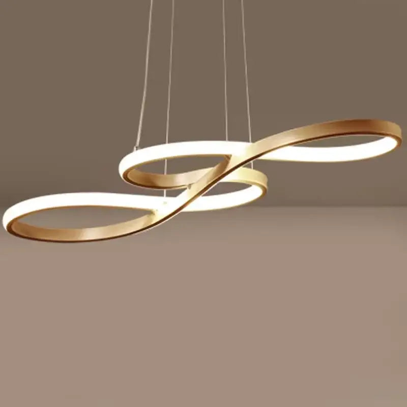 Modern gold infinity cord pendant light with sleek frame and illuminated white led rings for dining room use