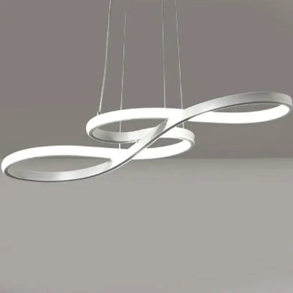 Modern gold infinity cord pendant light with brushed nickel rings and white led illumination for dining room