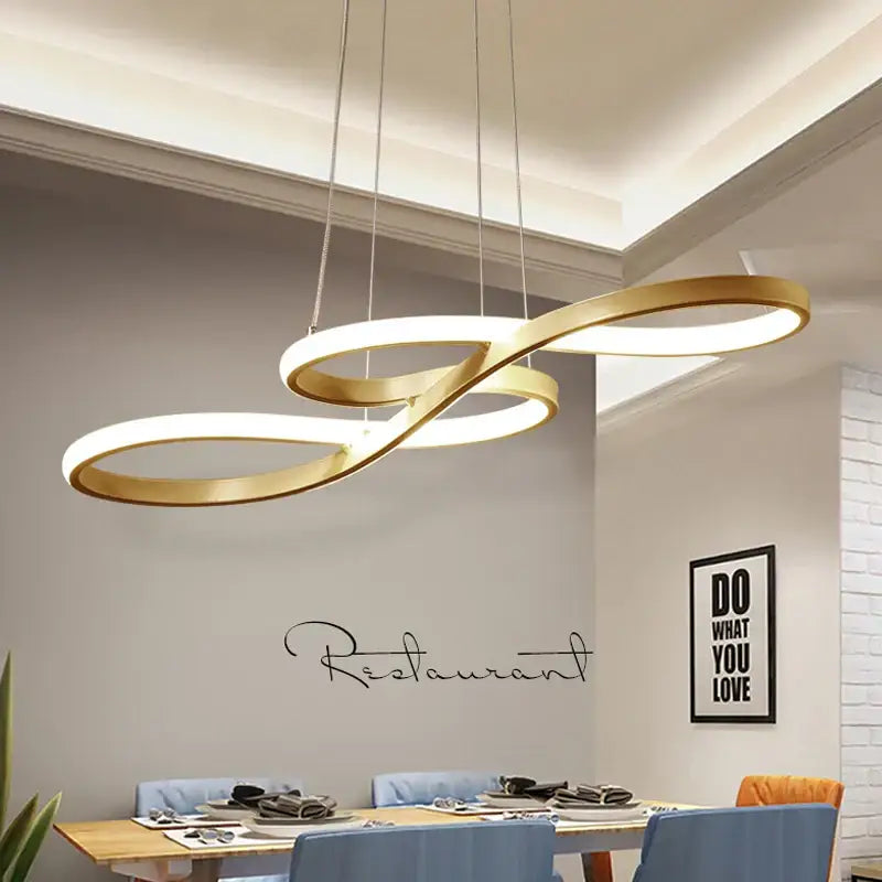Modern gold infinity cord pendant light with warm white led illumination and sleek brushed nickel accents for dining room