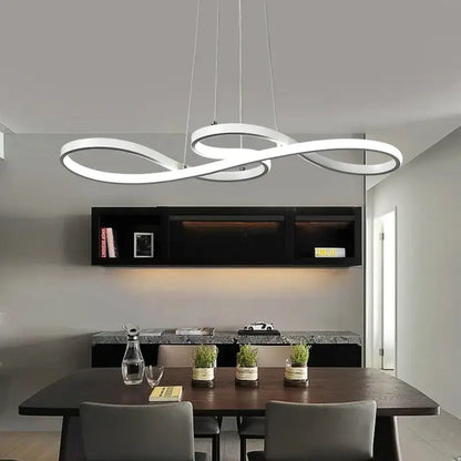 Modern white infinity-loop pendant light with sleek minimalist design featuring brushed nickel cord pendant for dining room