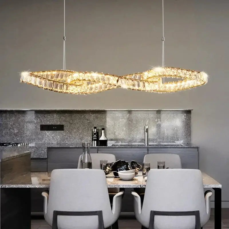 Modern gold infinity crystal led pendant dining room chandelier with decorbites crystal led accents above table