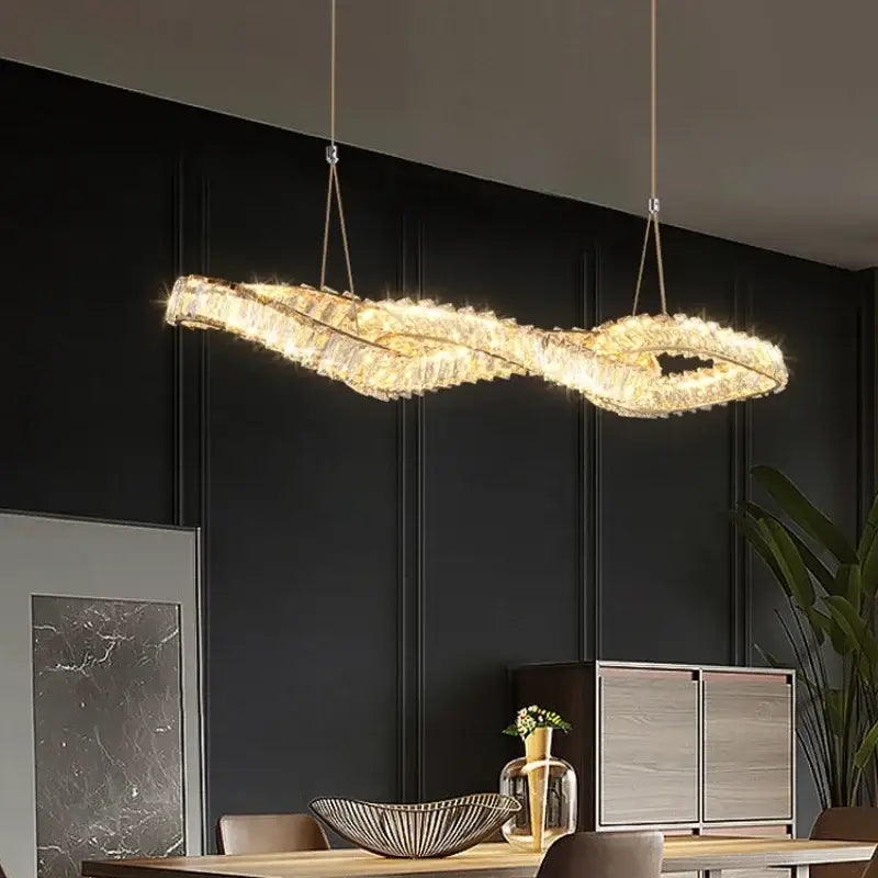 Modern gold infinity crystal led pendant chandelier with shimmering gold finish and decorbites crystal led accents for dining room decor