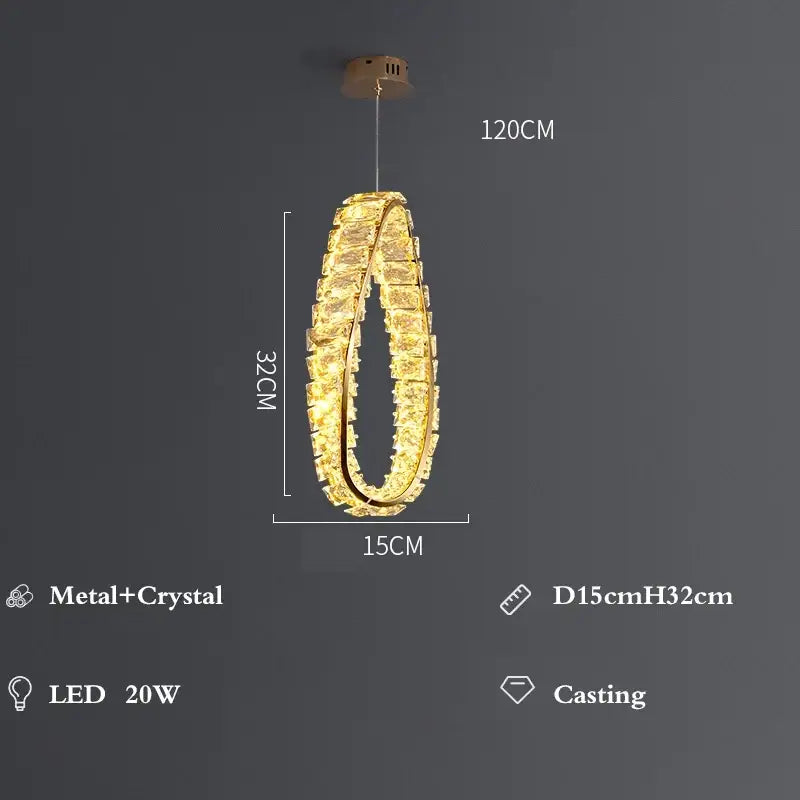 Modern gold infinity crystal led pendant chandelier with metallic frame and embedded crystals for dining room decorbites crystal led