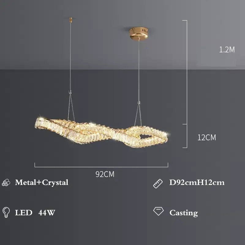 Modern gold infinity crystal led pendant dining room chandelier with sleek twisted design and decorbites crystal led accents