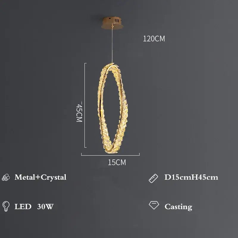 Modern gold infinity crystal led pendant featuring double-looped textured metal and crystal design by decorbites crystal led