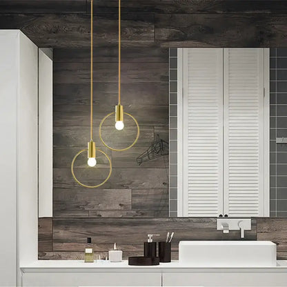 Two elegant gold pendant light with circular rings and exposed bulbs for modern kitchen decorbites ins wind single
