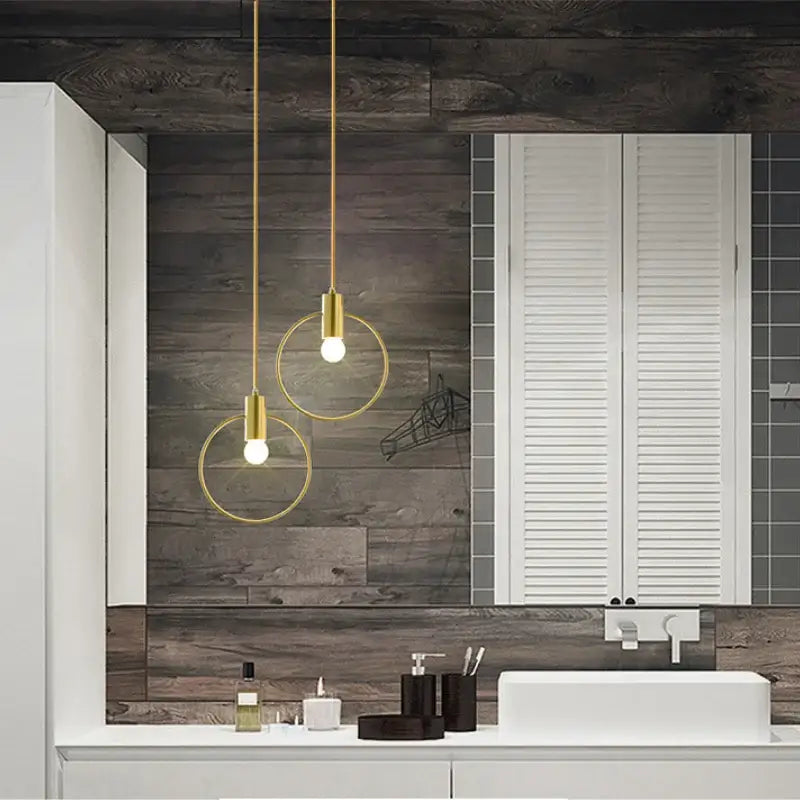 Two elegant gold pendant light with circular rings and exposed bulbs for modern kitchen decorbites ins wind single