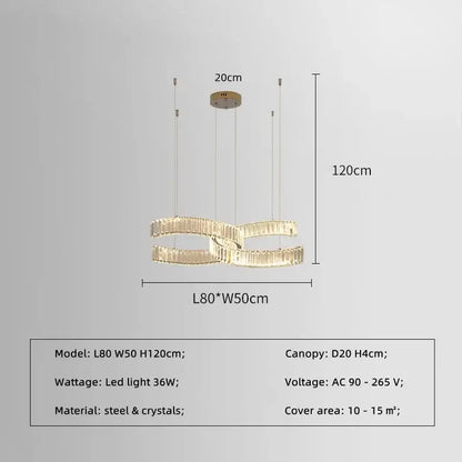 Modern gold-toned crystal led pendant lights with two interlocking rings suspended by thin cables for dining room decorbites