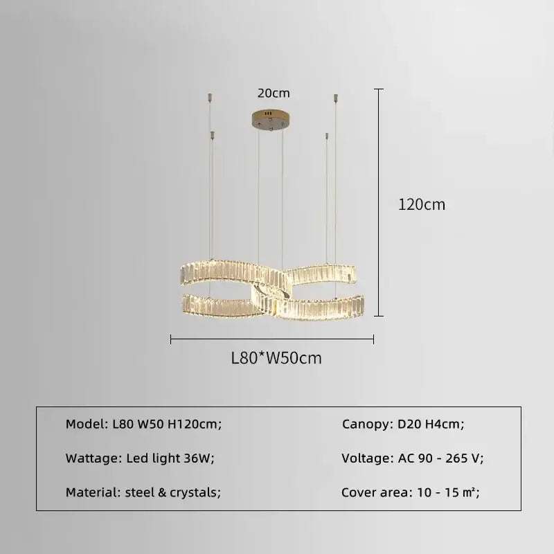 Modern gold-toned crystal led pendant lights with two interlocking rings suspended by thin cables for dining room decorbites
