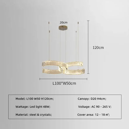Modern gold-toned pendant lights with interlocking crystal led rings and steel frame for dining room decorbites crystal led