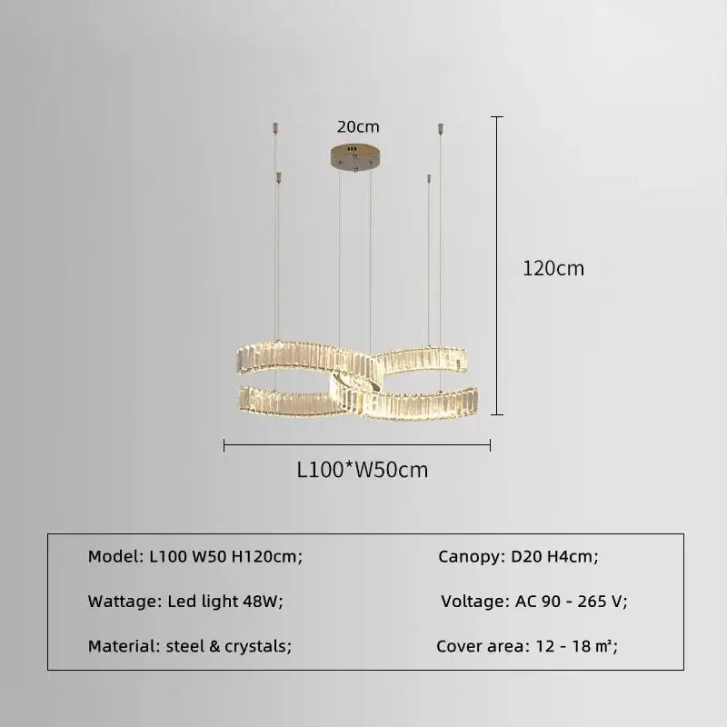 Modern gold-toned pendant lights with interlocking crystal led rings and steel frame for dining room decorbites crystal led