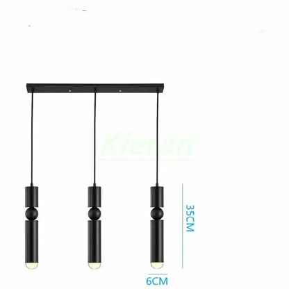 Black modern pendant light with three cylindrical bulbs suspended from a horizontal bar iron art led decorbites iron art