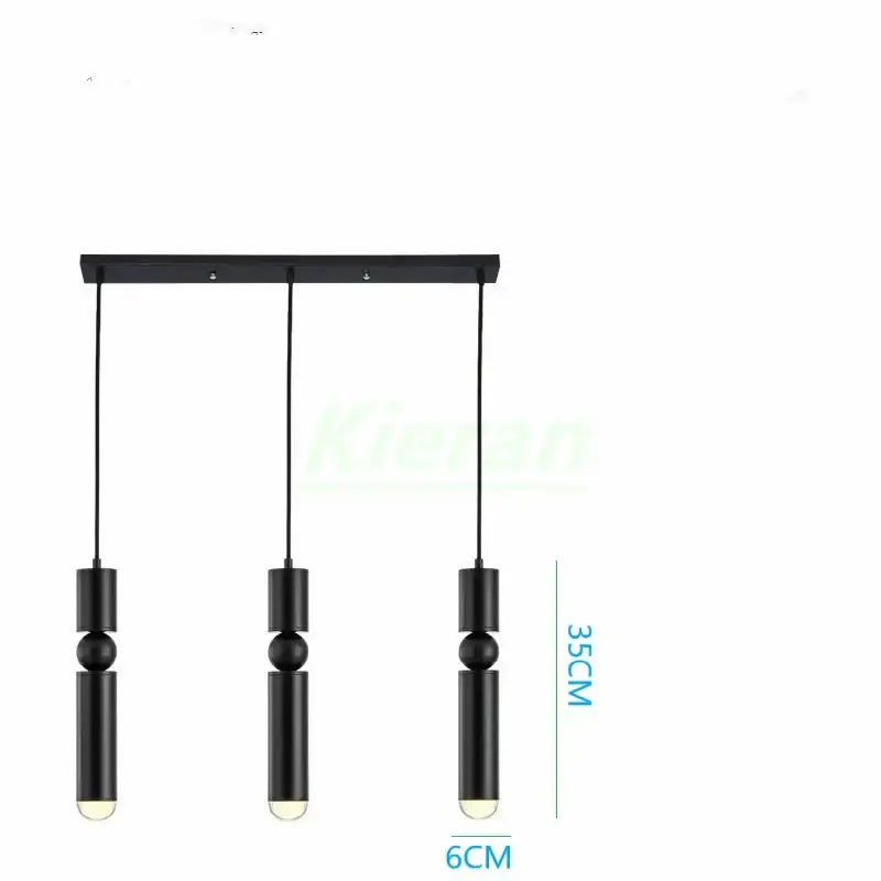 Black modern pendant light with three cylindrical bulbs suspended from a horizontal bar iron art led decorbites iron art