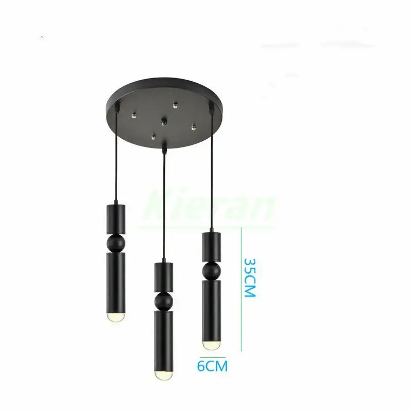 Black modern pendant light with three cylindrical shades and spherical accents by decorbites iron art led design