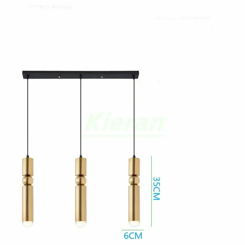 Modern gold iron art led pendant light with three brass cylindrical fixtures suspended from a sleek black bar
