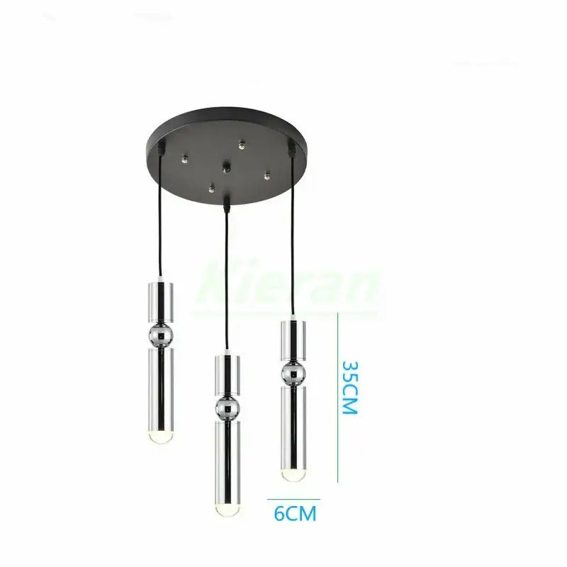 Modern gold iron art led pendant light with three chrome cylindrical bulbs and matte black ceiling mount by decorbites iron art