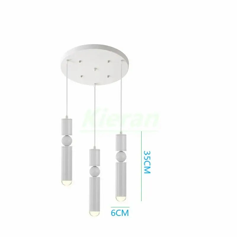 Modern white pendant light with three cylindrical arms and frosted glass diffuser decorbites iron art led fixture