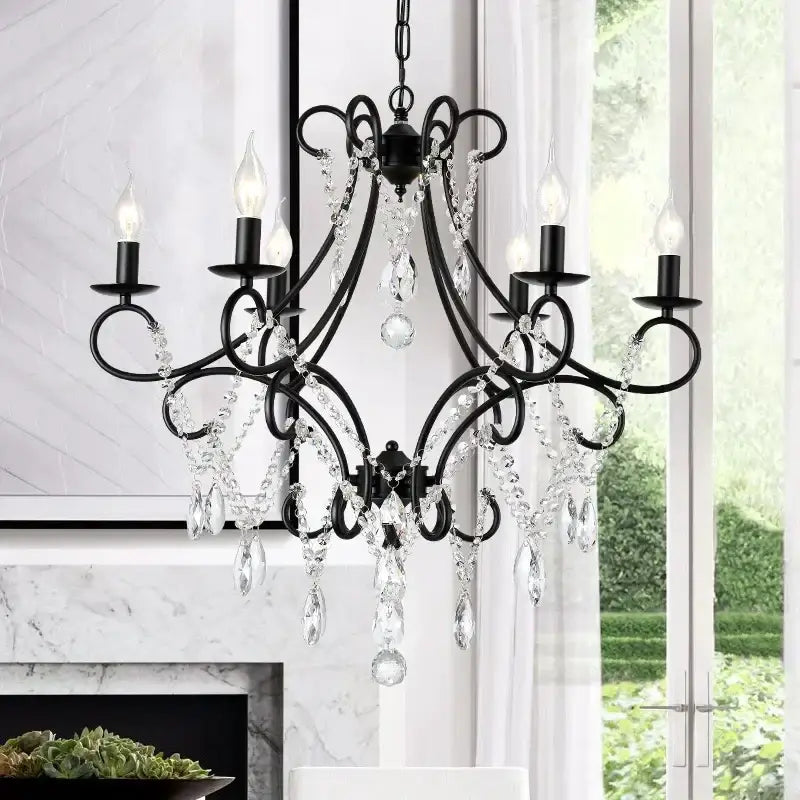 Modern gold iron crystal chandelier in black wrought iron with clear crystal droplets and candle-style bulbs for luxury decorbites iron crystal decor
