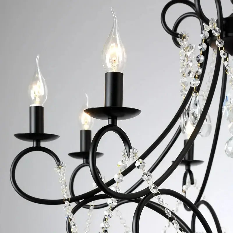Black wrought iron crystal chandelier with candle-style bulbs for luxury dining room decorbites iron crystal lighting